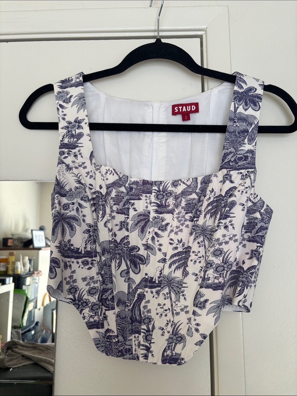 STAUD White & Navy Toile Square-Neck Crop Bodysuit